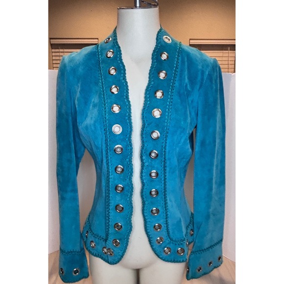 Cache Jackets & Blazers - Cache Turquoise Blue Genuine Suede Leather Grommet Crochet Trim Jacket Medium